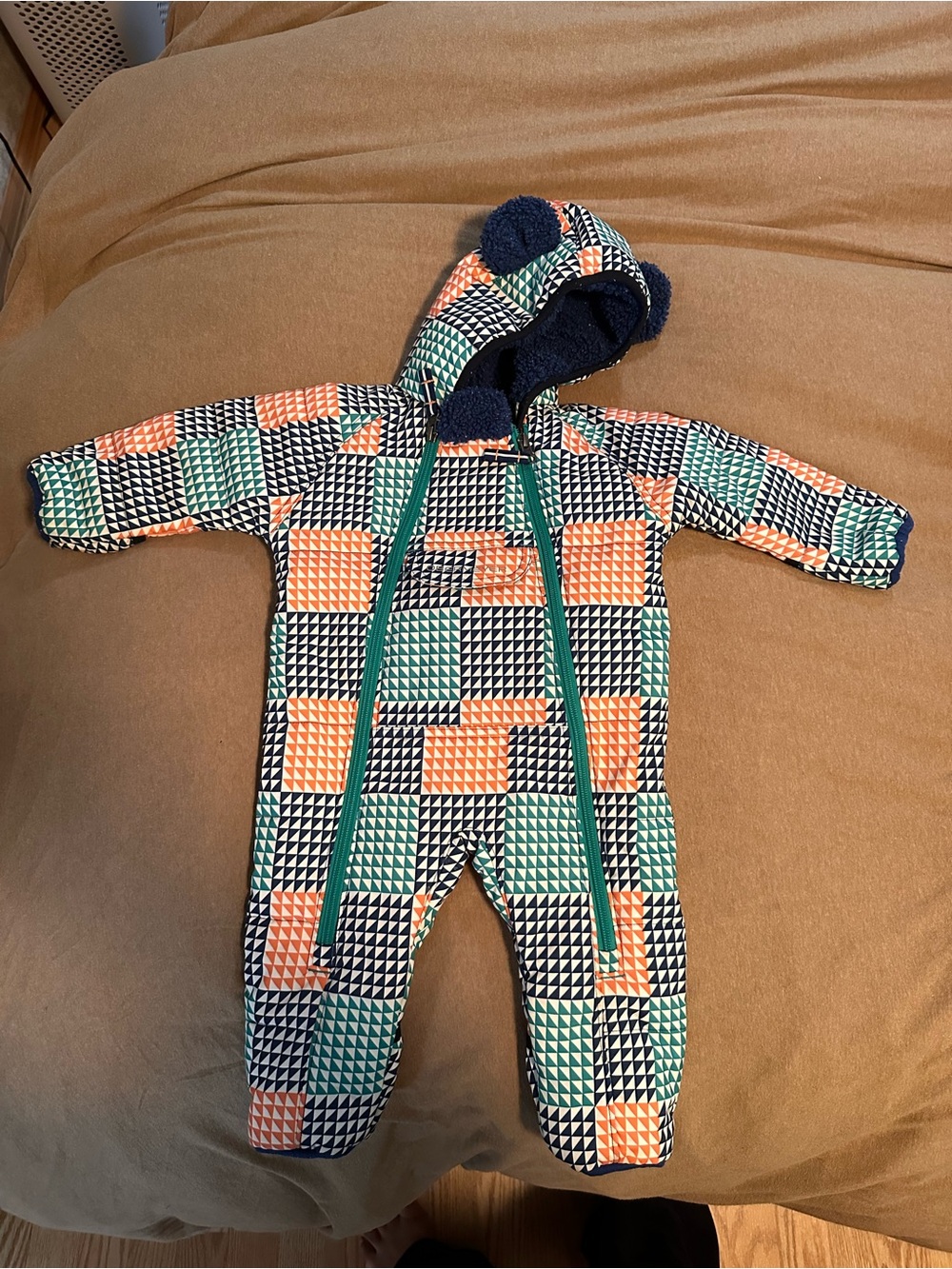 Obermeyer Geometric Print Hooded One-Piece in Orange, Green & Navy
